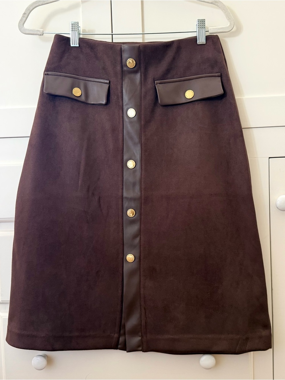 NWT Marc New York Chocolate Brown Suede Faux Leather Button Front Skirt XS